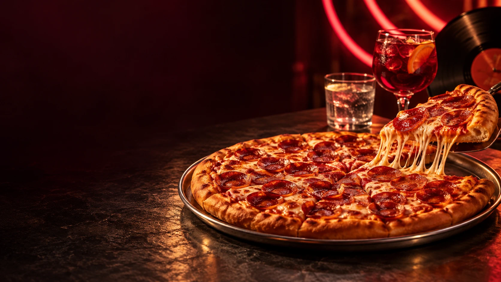 Arte de campaña de La Pizzería: pizza al horno, un drink y luces rojas